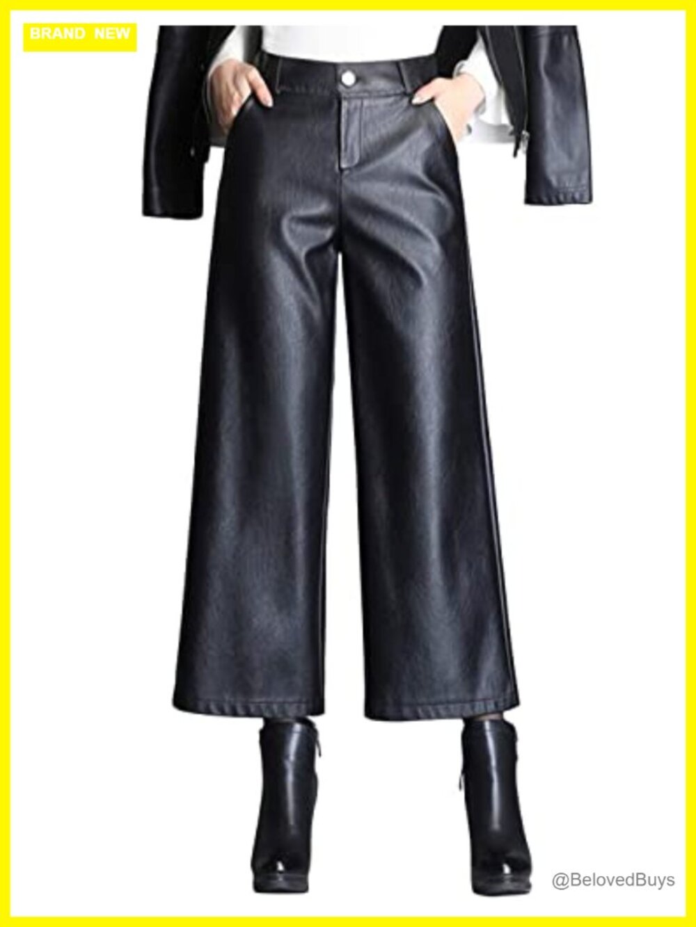 Wide Leg PU Faux Leather Cropped Pants Culottes High Waist